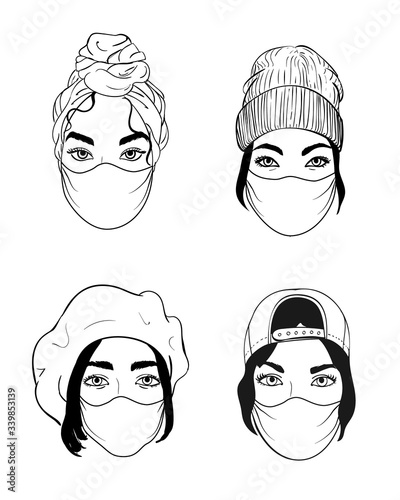 four women faces in disposable medical surgical face mask to protect against high air toxic pollution city. stop the spread of viruses, help prevent hand-to-mouth transmissions. Vector illustration
