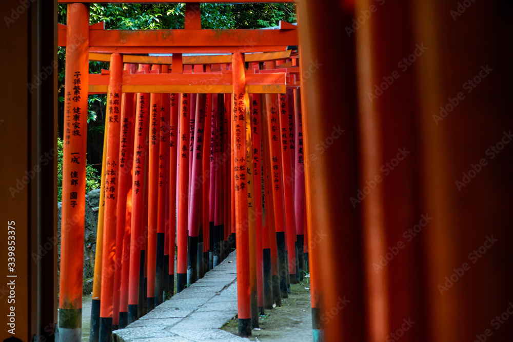 Tokyo, Japan - 9 8 2019: The rows of red 'torii' archways in Nezu shrine Tokyo, Japan - 9 8 2019: The rows of red 'torii' archways in Nezu shrine