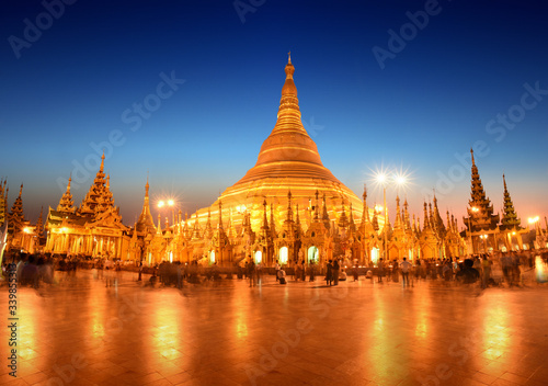 panorama night view over the most famous and biggest Shwedagon pagoda in Yangon, Myanmar (Burma)