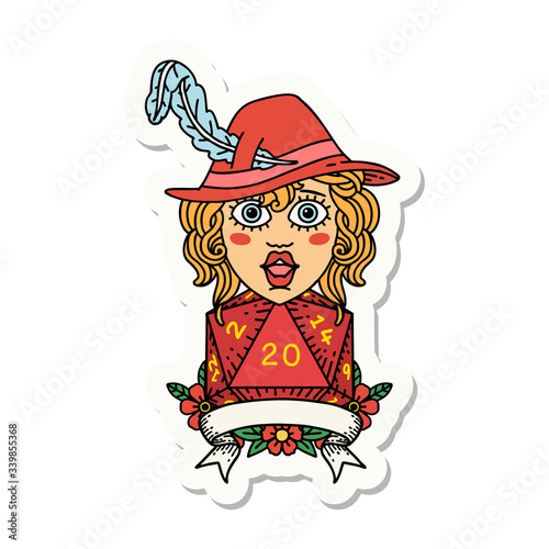 human bard character with natural 20 dice roll sticker