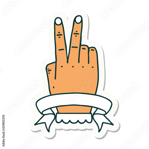 victory v hand gesture with banner sticker