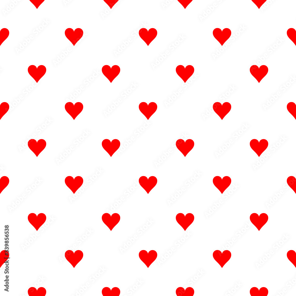 Vector high quality seamless pattern background made with french playing cards suit of hearts symbol in red isolated on white background