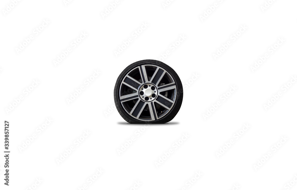 Car Wheel with Flat Tyre Isolated on white background.