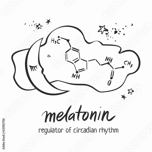 Black and white hand-drawn banner about a dream. Structural molecule of melatonin on a white background. The concept of good sleep with the decorative moon, stars and cloud. Sketch vector illustration
