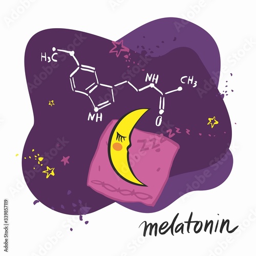 Decorative melatonin treatment banner template. Sleeping moon, molecula structure on the background of the night sky. Concept of treatment of insomnia for the article and poster. Vector illustration