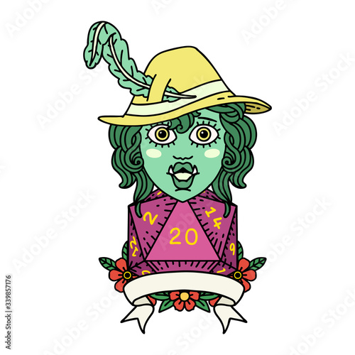 half orc bard with natural 20 dice roll illustration