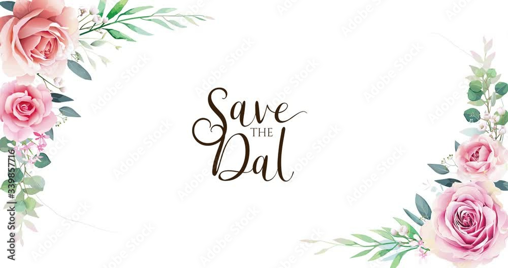 Greenery and Roses wreath with Save the date text on white background. 4K animation.