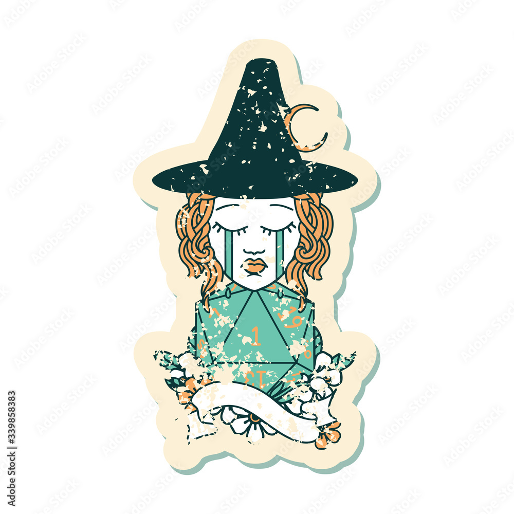 human witch with natural one D20 roll illustration