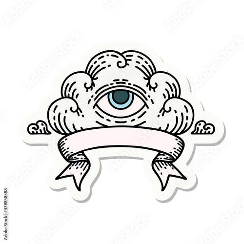 tattoo sticker with banner of an all seeing eye cloud