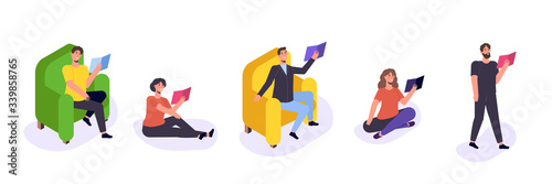 Students reading book,  preparing for examination. Set Books lover concept. Vector Illustration
