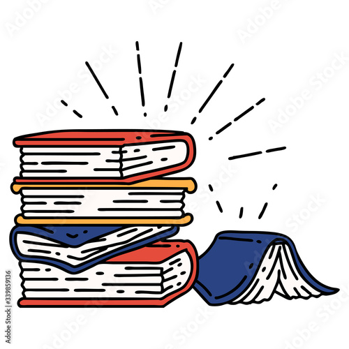 traditional tattoo style stack of books