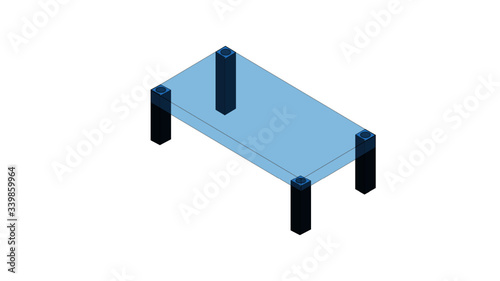 Bench with black legs and a blue transparent top