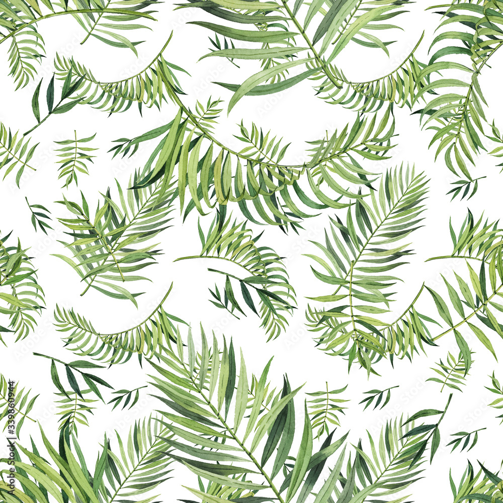 Pattern with beautiful watercolor tropical leaves. Tropics. Realistic tropical leaves.