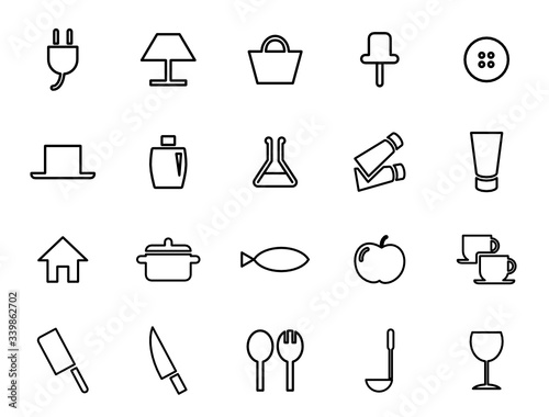 電源プラグ,トートバッグ,チューブ,鍋,食器等のアイコンセット