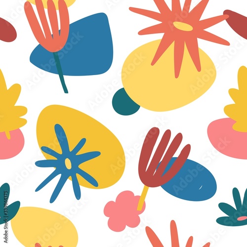 Cute seamless background with flowers and leaf in naive style. Spring and summer abstract wallpaper with geometric shape and leaves. Hand drawn nature backdrop in scandinavian style. Vector