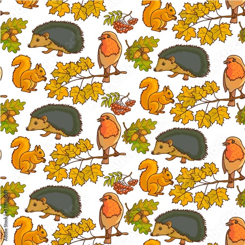 Autumn foliage of rowanberry and animals seamless pattern