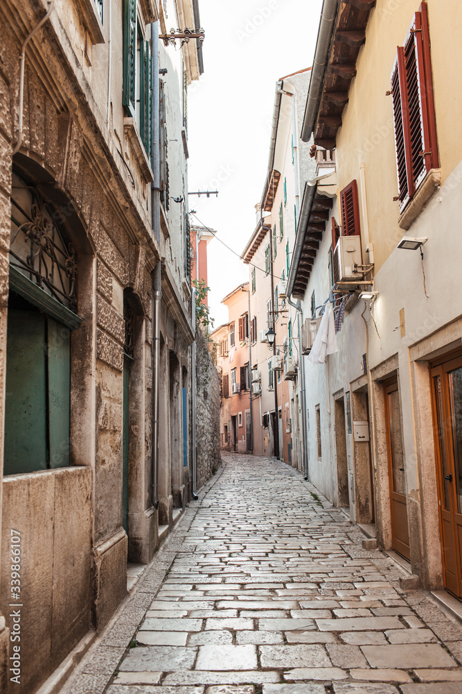 2019, Europe, Croatia, Rovinj. Architecture of old town, lonely narrow street of Rovinj. Travel, adventure concept. City background.