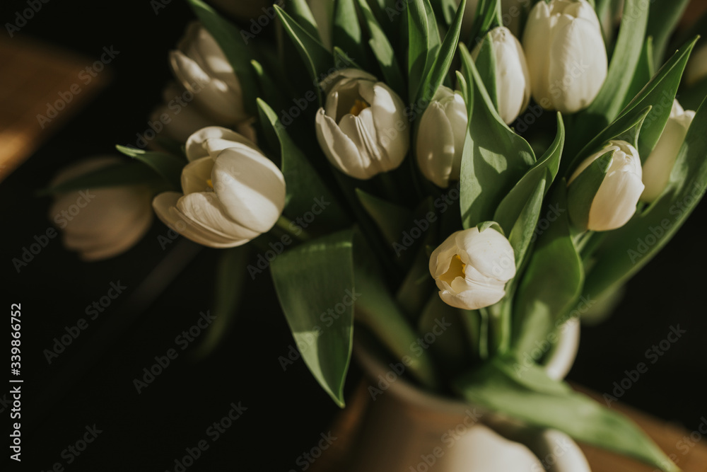 Naklejka premium bouquet of white tulips in a dark room