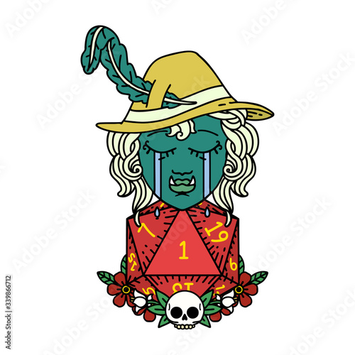 crying bard orc bard character with natural one D20 roll illustration