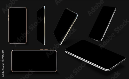 Smartphone frame less blank screen, rotated position. Smartphone from different angles. Mockup generic device. Black Smartphones set. Template for infographics or presentation 3D realistic phones. UX