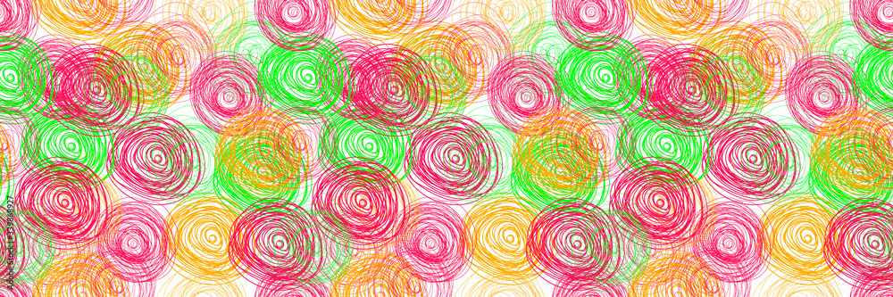 Fototapeta premium Vector colorful seamless pattern, multicolored background template, scribble chaotic circles and lines, handdrawn.