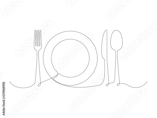 Continuous cooking icons line stock vector illustration isolated on white background. Fork, spoon, plate and knife one line.