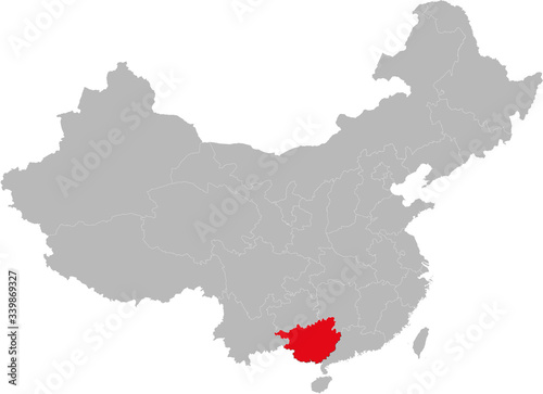 Guangxi zhuang province highlighted on china map. Gray background.