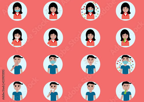 Set of different diseases vector icon.Young woman and man with different types of pains and diseases Sick woman,thin line style,headache, patient,sickness.Vector health and different ill concept.