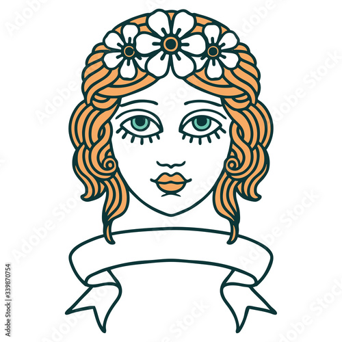 tattoo with banner of female face with crown of flowers