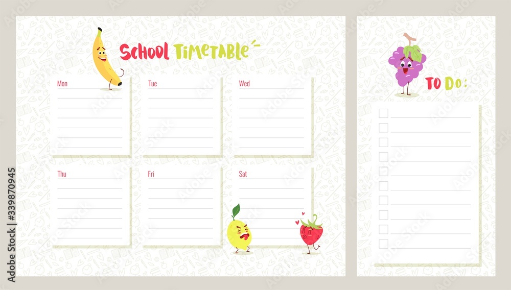 School timetable and to do list with cute fruits character. Vector illustration. School timetable and to do list with cute fruits character. Vector illustration.