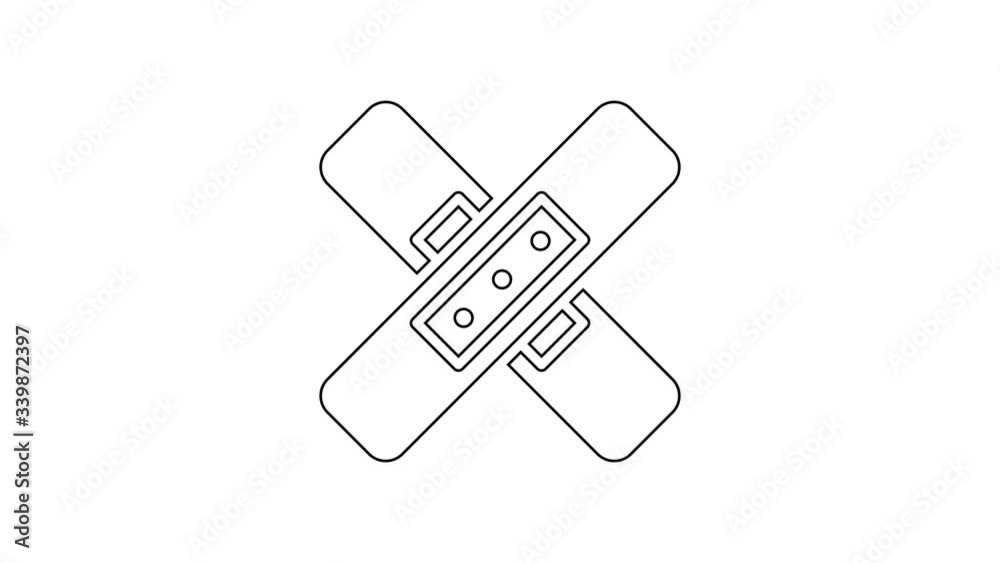 Black line Crossed bandage plaster icon isolated on white background. Medical plaster, adhesive bandage, flexible fabric bandage. 4K Video motion graphic animation Black line Crossed bandage plaster icon isolated on white background. Medical plaster, adhesive bandage, flexible fabric bandage. 4K Video motion graphic animation