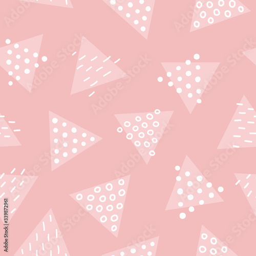Seamless pattern, geometric, triangles decorated with different elements, circles, strokes, dots, randomly scattered, pastel pink color. Vector illustration. Background.