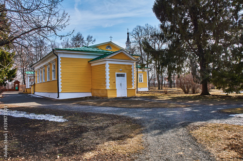 Lord's house.The estate of the Pushkin family. The poet Pushkin visited and lived in this house three times. In the center of the house is a second floor with a balcony and a railing. Russia photo