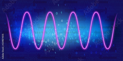 Graph with neon periodic sinusoidal curve on blue background with binary code. Concept of technology of discrete data transfer in computer network. photo
