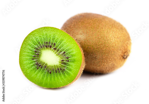 Close up of kiwi fruit and slice kiwi isolated on white background