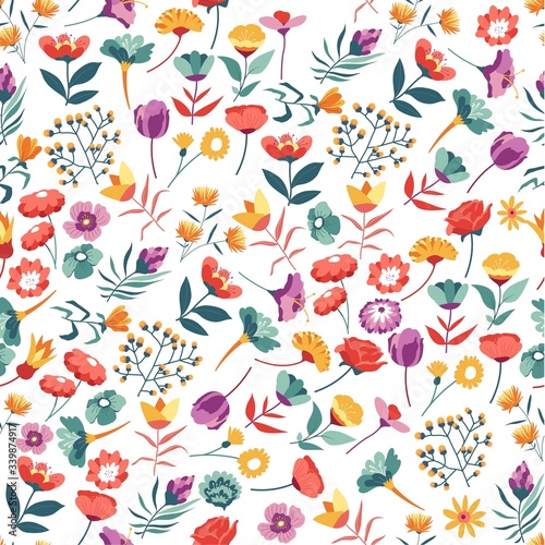 Wildflowers, roses and daisy in blossom seamless pattern