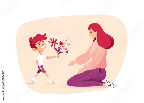 Vector Illustration Of Happy Mother Receiving Flowers from Her Son. Happy Mother`s Day Greeting Card.
