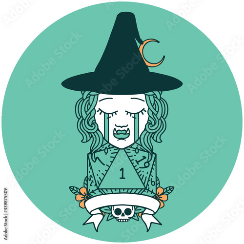 crying half orc witch character with natural one roll icon