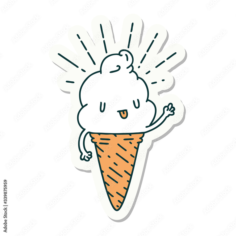 sticker of tattoo style ice cream character waving sticker of tattoo style ice cream character waving