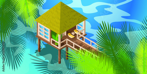 Vector background image of a hut in the sea among the thickets on the edge of the earth.
