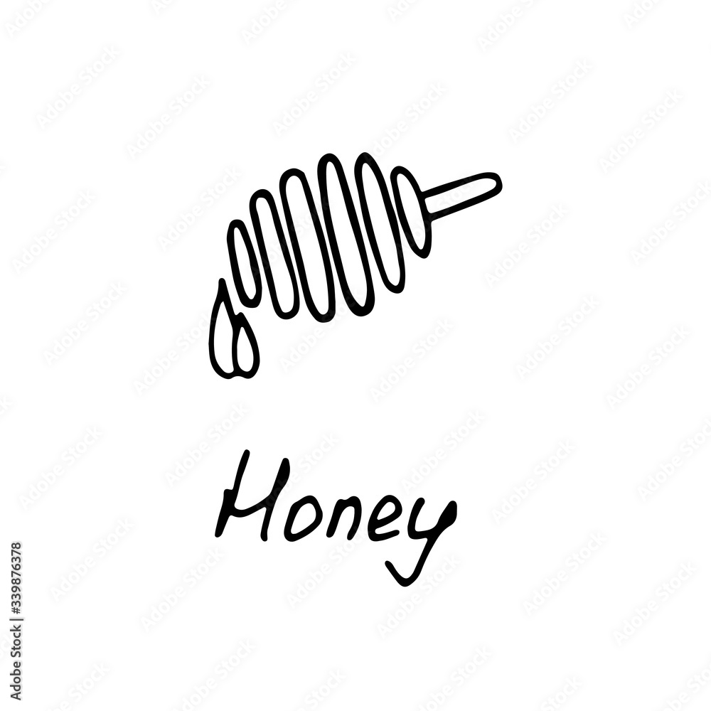 Honey logo. Hand drawn icon and hand written inscription. Vector illustration Honey logo. Hand drawn icon and hand written inscription. Vector illustration