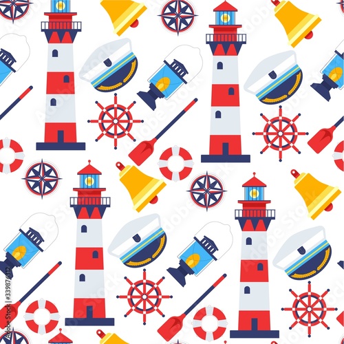 Beacons and captain hat, marine theme seamless pattern