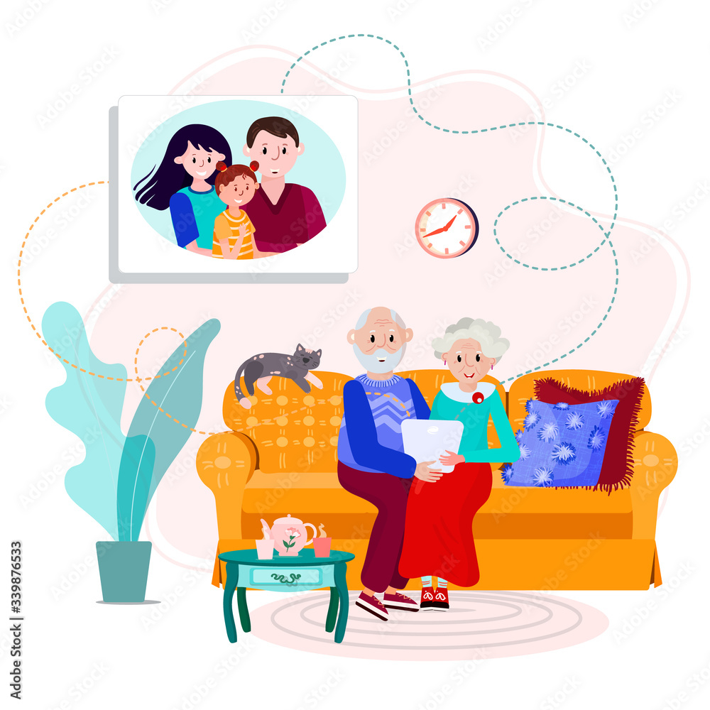 Elderly grandparents calling family using tablet. Happy husband, wife and kid have video conference with grandma and grandpa from home. Online dialogue parents and kids. Video call to old couple. Elderly grandparents calling family using tablet. Happy husband, wife and kid have video conference with grandma and grandpa from home. Online dialogue parents and kids. Video call to old couple.