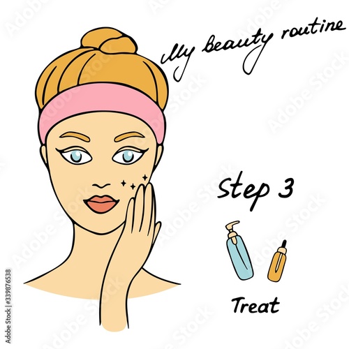 My daily routine. Skin care vector illustration. Correct order to apply skin care products. Step 3 Treat.