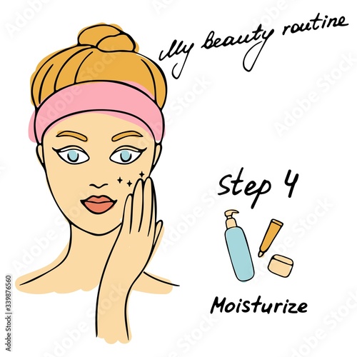 My daily routine. Skin care vector illustration. Correct order to apply skin care products. Step 4 Moisturize.