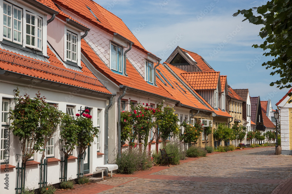schöne Häuser in der Fischer Siedlung Holm in Schleswig