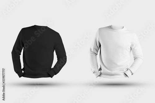 Template of a white, black sweatshirt with bent arms, casual wear with a long sleeve, for presentation of design.