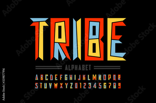 Tribal style font design, capital alphabet letters and numbers photo