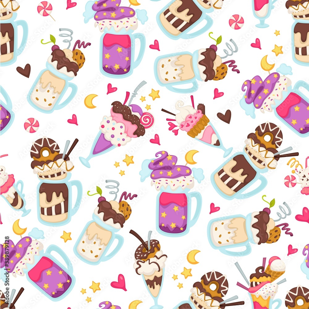 Sweet desserts served in cups, ice creams seamless pattern Sweet desserts served in cups, ice creams seamless pattern