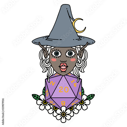 elf mage character with natural twenty dice roll illustration
